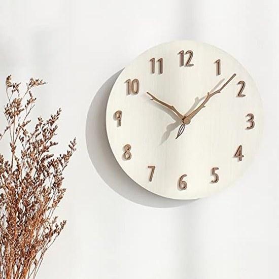 Wall clock wood stylish Nordic silent wall-mounted round frameless cute 12 inches (diameter 30 cm) natural solid panel 3D three-dimensional numbers