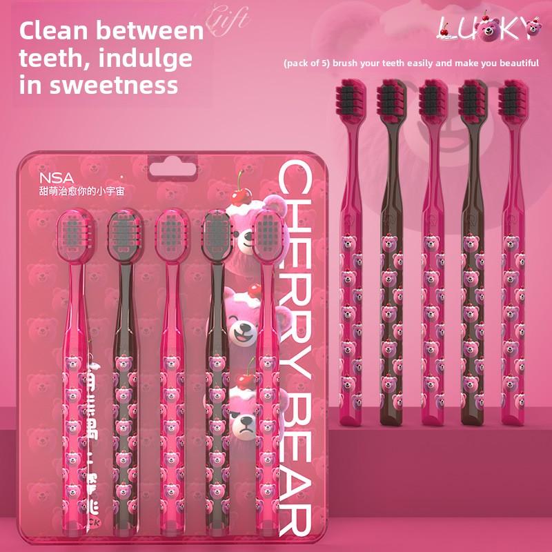 High end luxury cherry bear ultra-fine soft bristled toothbrush with sensitive gums, high-end couple toothbrush for home use розовый