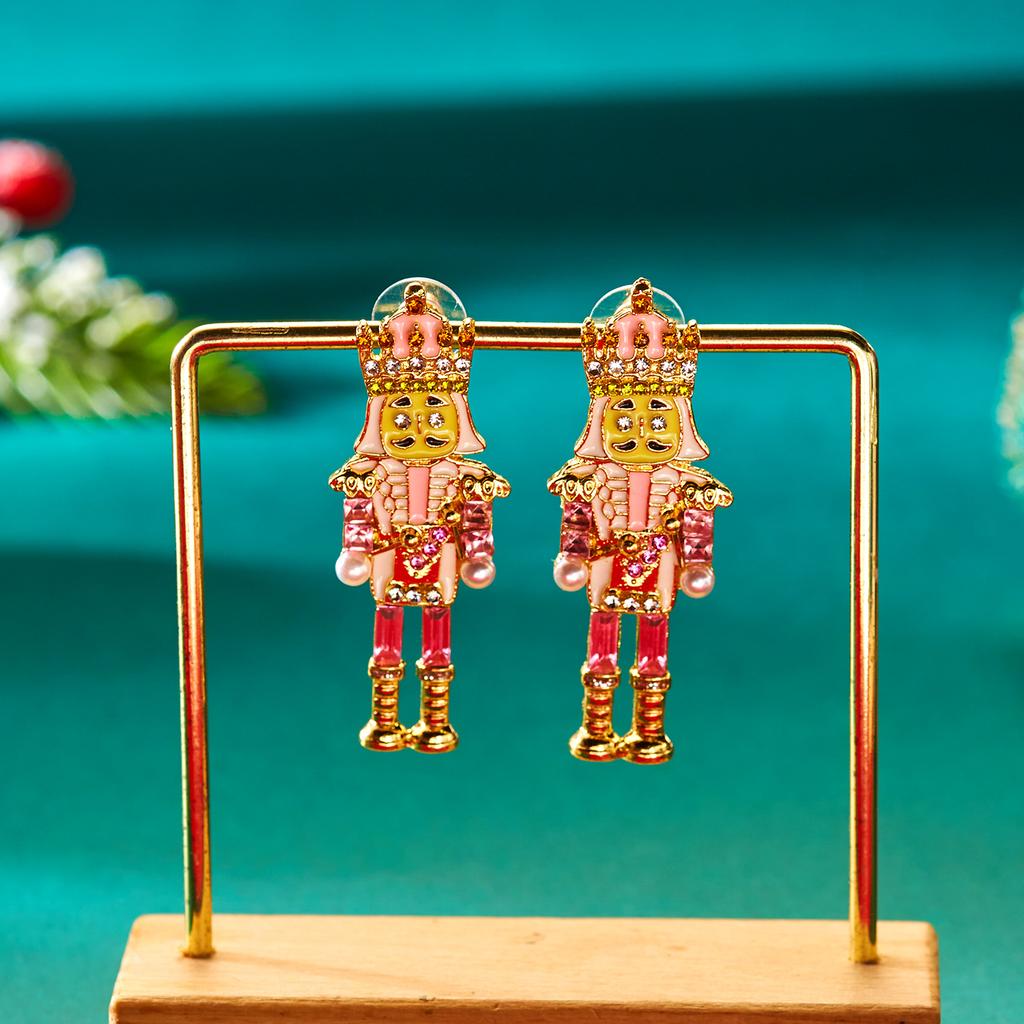 Christmas Soldier Drop Earrings for Women with Rhinestone Imitation Pearl and Enamel Festive Holiday Jewelry