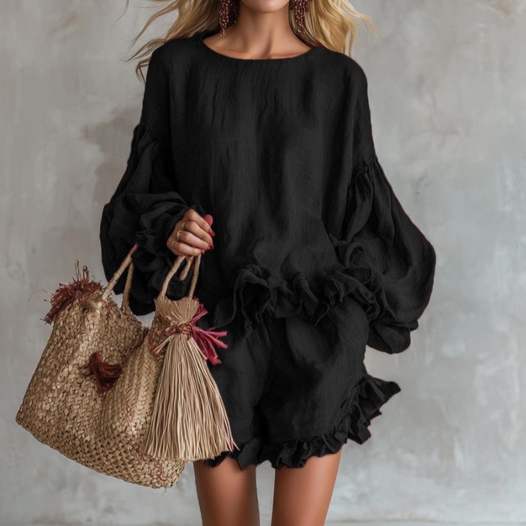 Women's 2pcs Casual Outfit, Lantern Sleeve Loose Top + Ruffle Hem Shorts, Spring Summer Fashion Outfits for Women Europe America Style