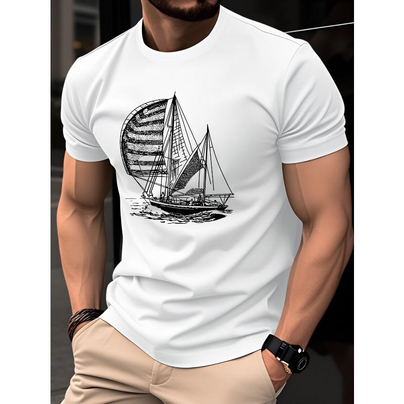 Men's T-Shirt, Short Sleeve Slim Fit Round Neck Top, Fashion Versatile Casual Wear, Creative Sailboat Pattern Print, Simple Elegant Personality Design