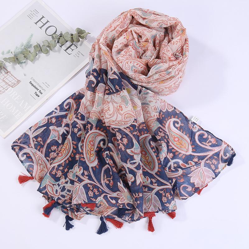 Sciarpa Boho da donna, leggera, con stampa floreale, scialle con frange, moda autunno inverno
