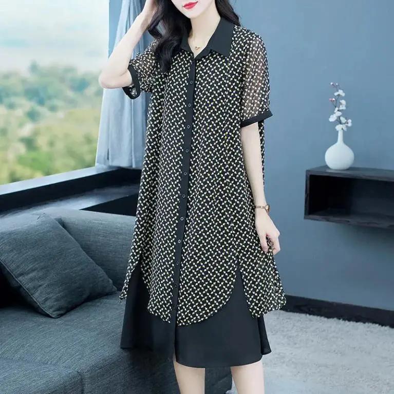 Women's Summer Plus Size Loose Dress, Mid Length Ethnic Style Flip Collar Chiffon Skirt