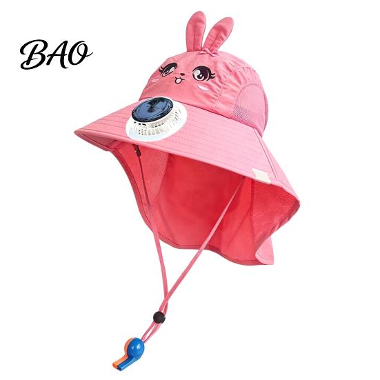 Breathable Mesh Sun Hat Kids Cap with Built-in Solar Fan, Wide Brim Protection Cooling Baby Hiking Hat, Fabric Summer Cartoon Pattern, Shawl