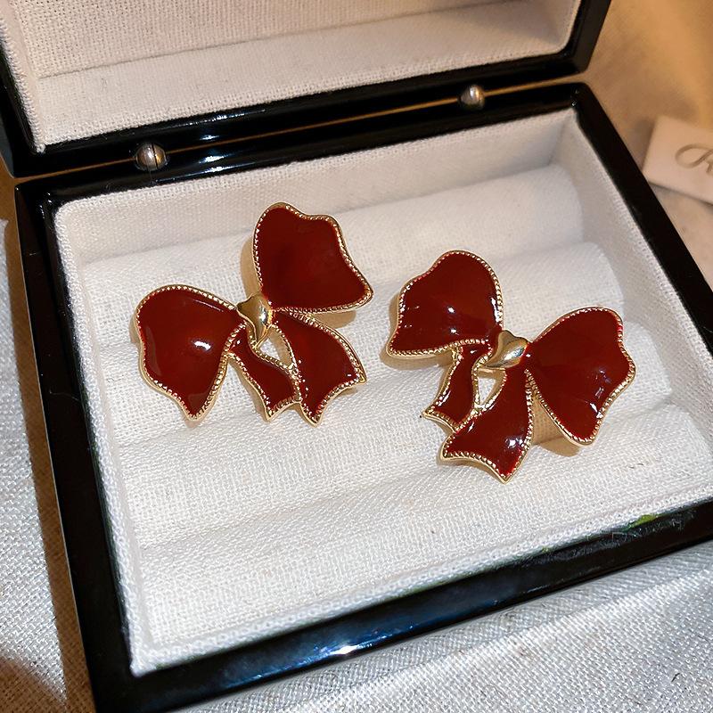 Square love red earrings literary and artistic fan temperament retro stud earrings New Year's earrings women