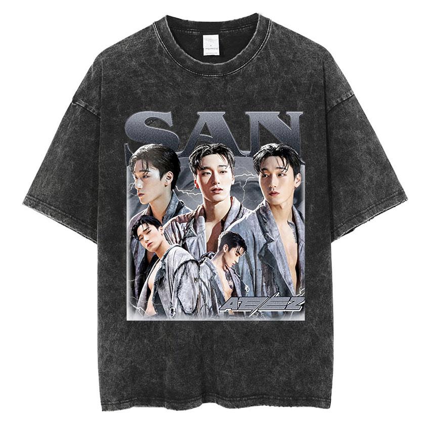 Vintage Washed Ateez Yunho Kpop Band Album 2026 TShirt Mens Women Hip Hop Loose Korean Fashion Short Sleeve T Shirt Streetwear