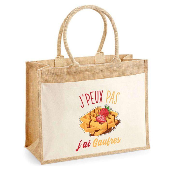 Cabas - PLANETEE - Jute avec poche Gaufres J'peux pas - Coton - 43x33 cm - Multicolore