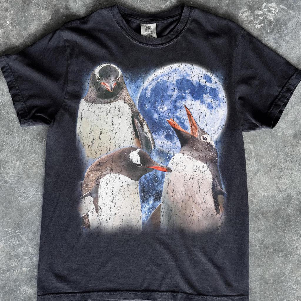 Penguins Howling Moon T-Shirt, Distressed Graphic Tee, Retro Nature Lover Shirt