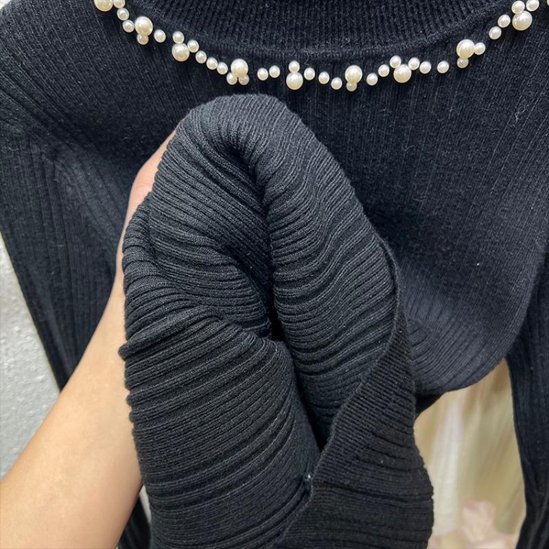 Podzimní Nový Svetr Pletený s Korálky Dlouhý Rukáv Dámský Zimní Slim Fit Základní Pulovr Svetry pro Ženy Módní Elegantní Jednobarevné Teplé Svetry Topy 24868