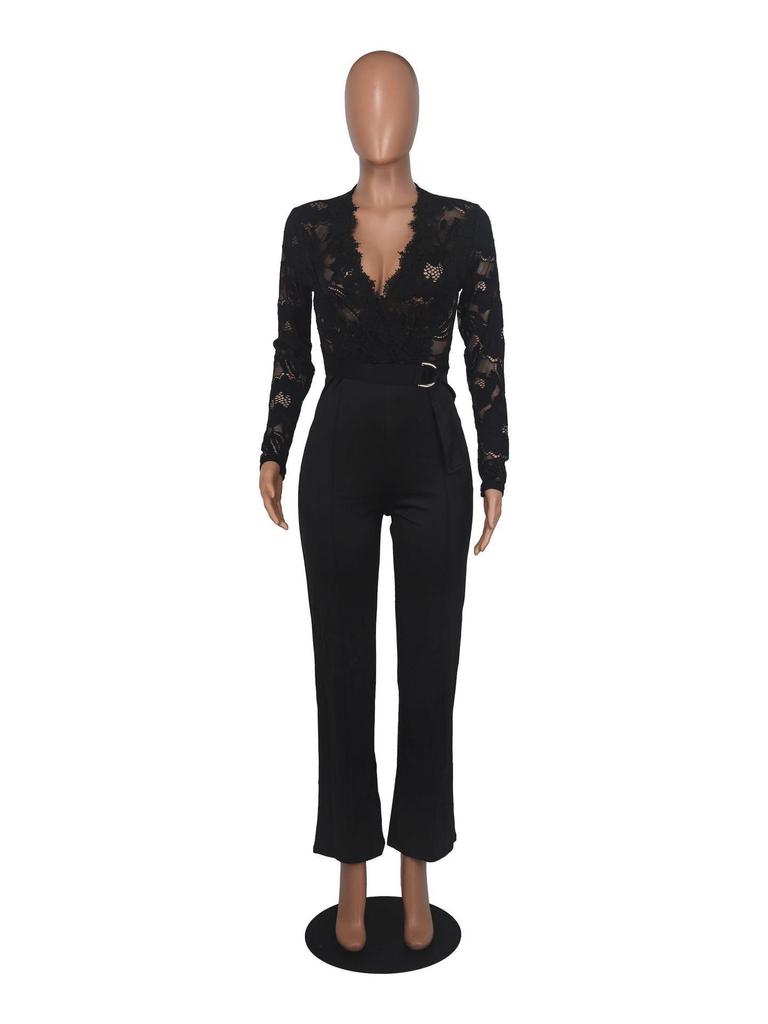 Elegant V-Neck Lace Slim Fit See-Through Jumpsuit