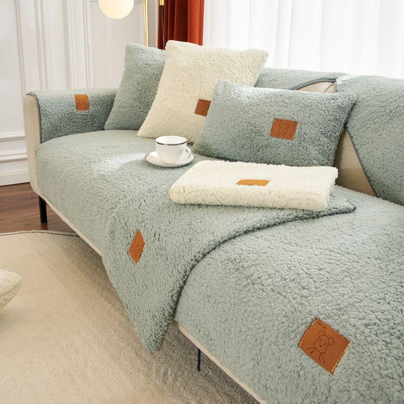 Winter Wool Fleece Sofa Cover Plush Cushions Thicken Warm Non-Slip Sofa Cover Solid Color Living Room Sofa Protection Cover