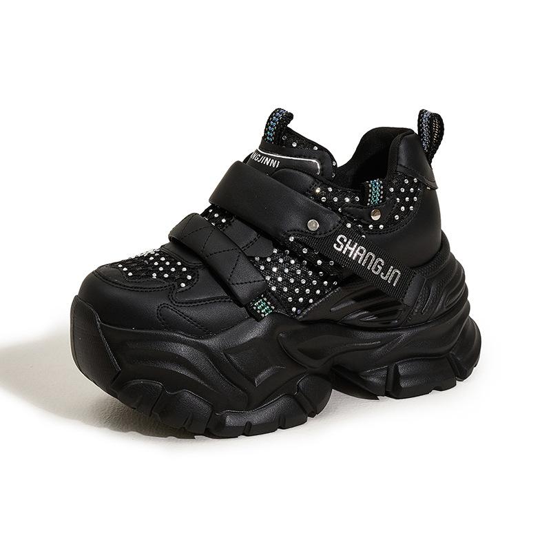 Thick-soled Dad Shoes Women's 2025 Spring New Rhinestone Velcro Inner Height-increasing Women's Shoes Versatile Sports and Leisure Shoes