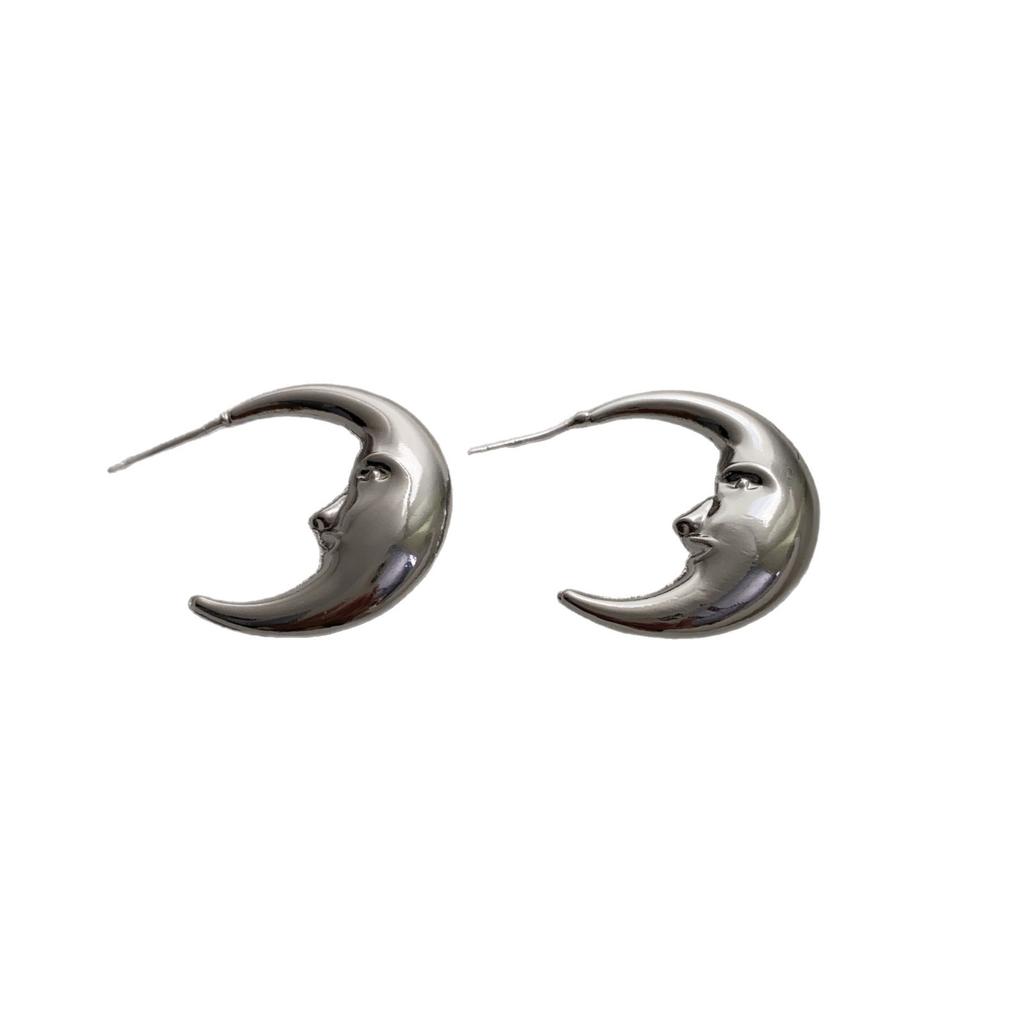 New Simple Face Moon Stud Earrings Niche Three-dimensional European and American French Fashion High-end Gorgeous Earrings