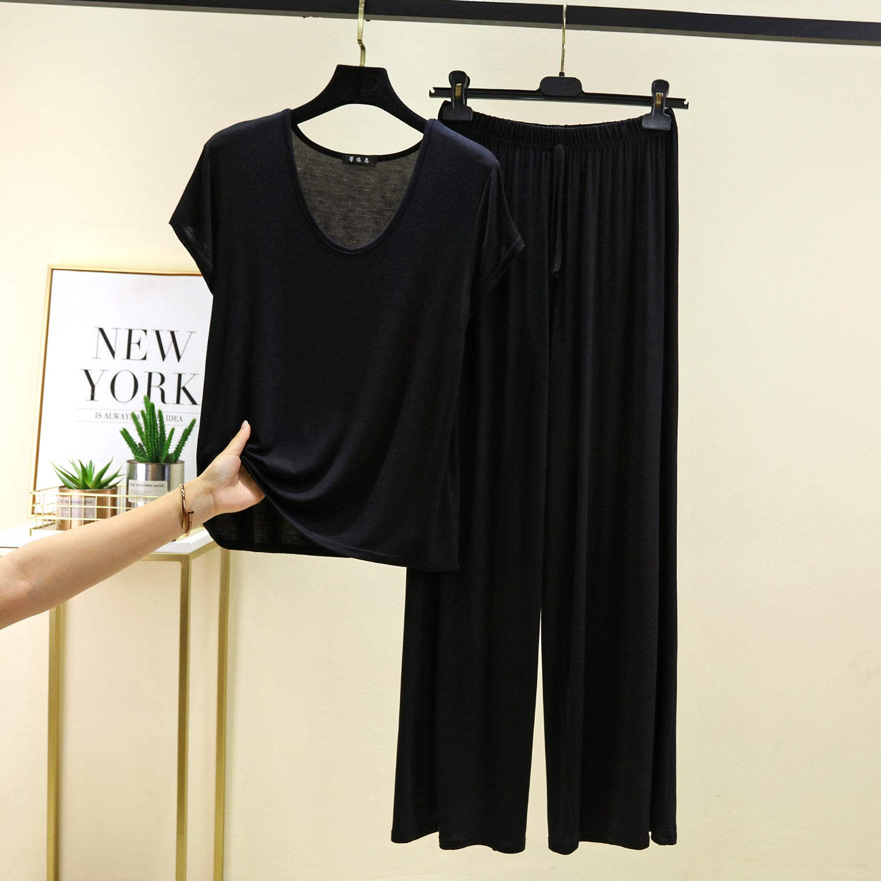 

Большие размеры от M до 6XL Футболка с коротким рукавом и U-образным вырезом и широкие брюки Женская домашняя одежда, комплект из 2 предметов, летняя модальная пижама, однотонные повседневные пижамы 6XL чёрный