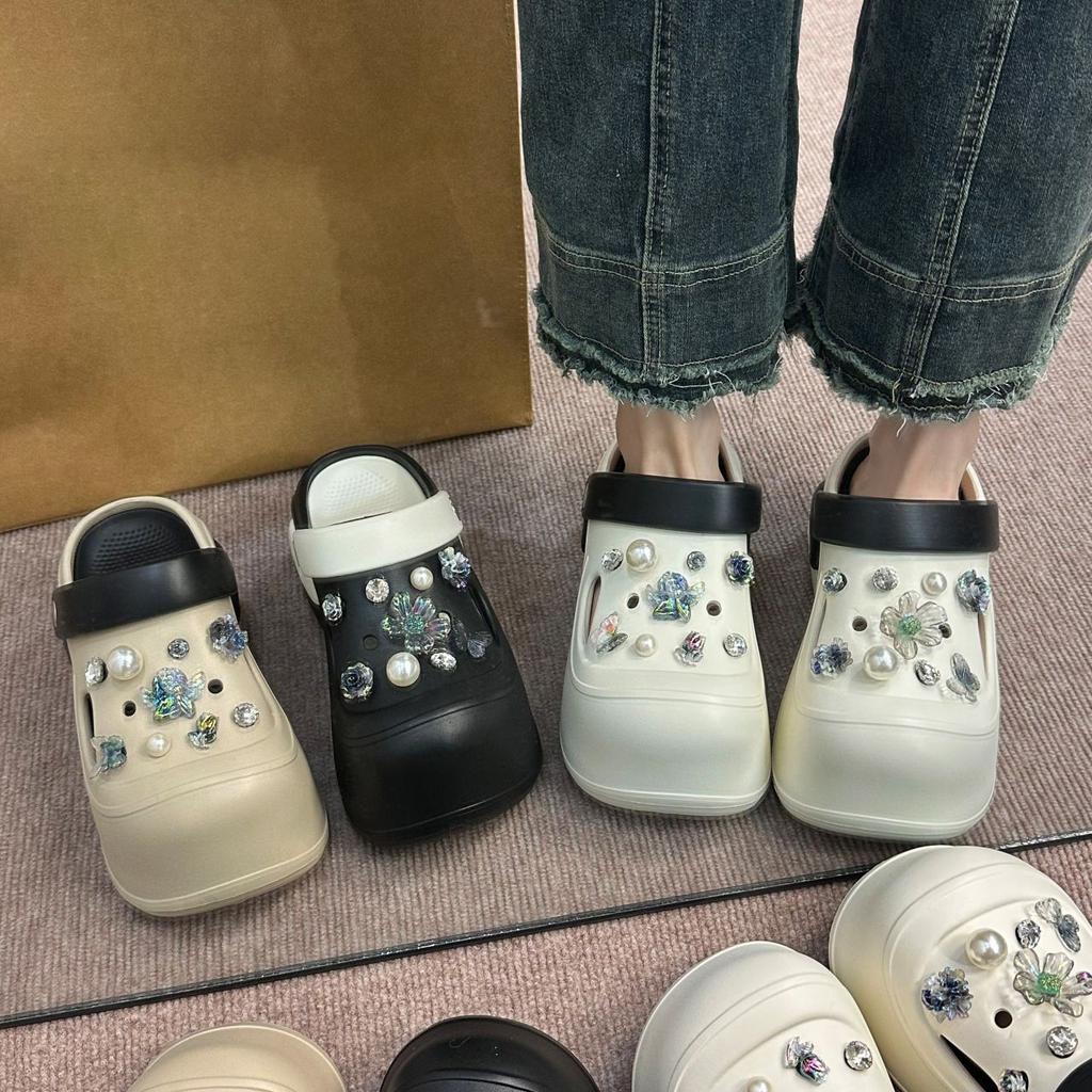 Small thick-soled heightening beach bag head women's half slippers 2025 summer new fashion hole shoes women's outer wear