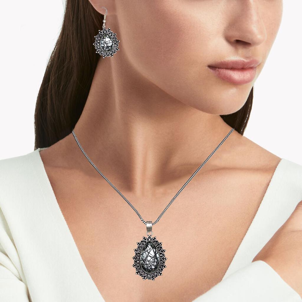 Black Rutile Set  Pendant  Jewelry Earring 18-20'' Gemstone Handmade