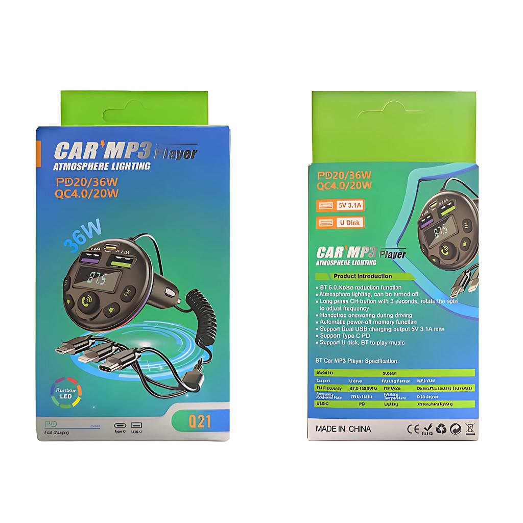 Universal 3-in-1 Bluetooth FM Transmitter Car Charger with USB Drive Support - Multi-Brand Compatibility