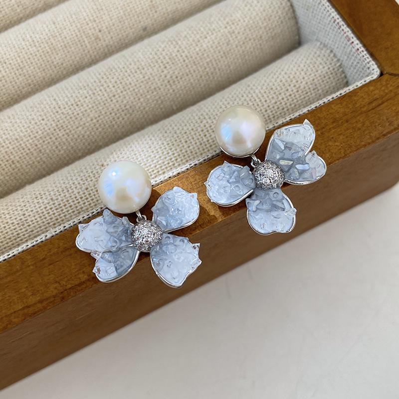 Ice Blue Petal Pearl Stud Earrings for Women, French Retro, Elegant, Needle Design, Versatile & Trendy.