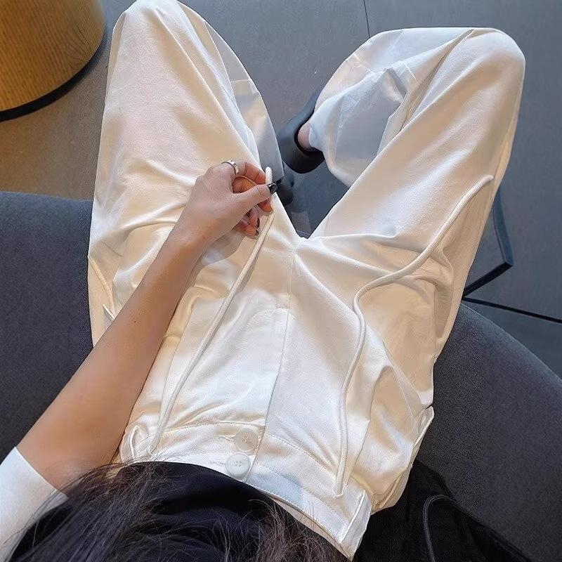 Plus Size Women's High-Waisted Wide-Leg Casual Pants - Spring/Autumn, Loose & Slimming, Floor-Length Draped Style