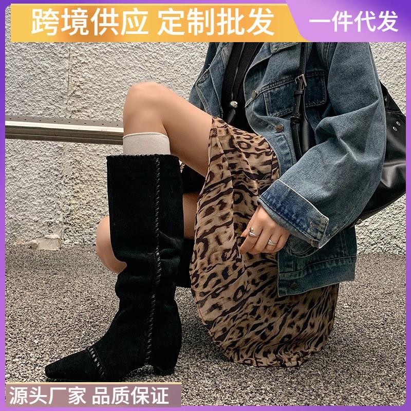 5.5cm Pointed Toe Chunky Knee High Boots Women Fall Winter Fashion Slim Fit Riding