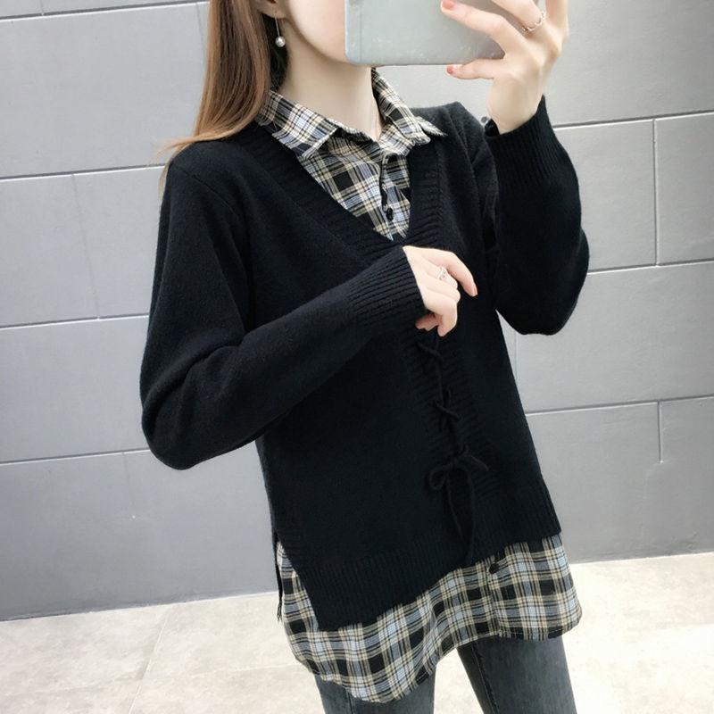 Spring and Autumn Lapel Women's Loose Lazy Style Stitching Fake Two-piece Pullover Sweater Bottoming