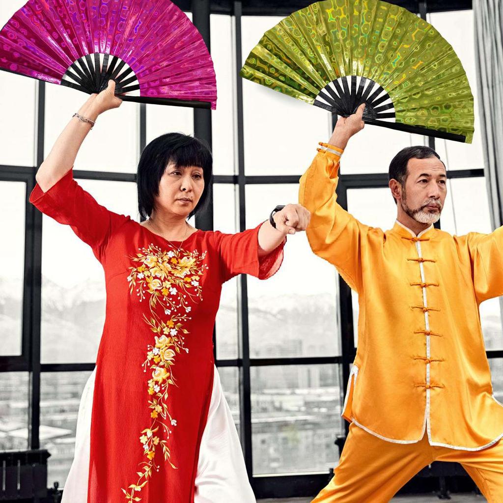 Large Shimmering Colorful Folding Hand Fan for Line Dance Martial Art Taichi Handheld Fan with Reflective Design Gift