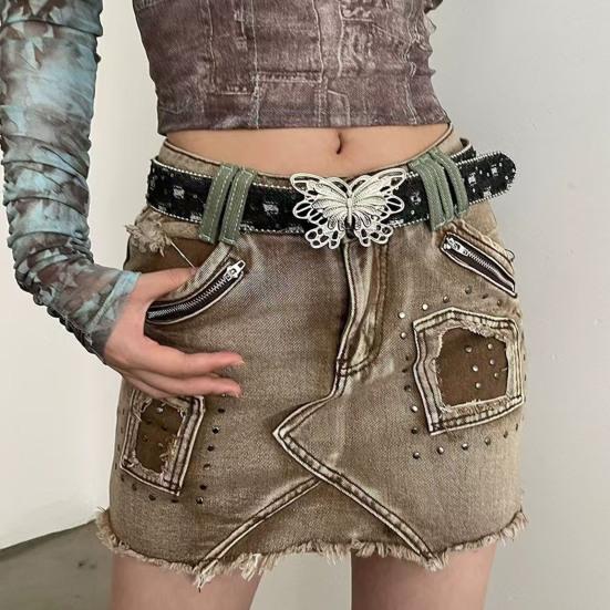 Women Wide Belt Solid Color Design Butterfly Buckle Versatile Belt