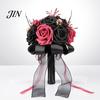 Spooky Wedding Bouquet Gothic Bride Bouquet, Artificial Black Red Rose Flower Party Floral Centerpiece with Skeleton Hand Pumpkin Skull for