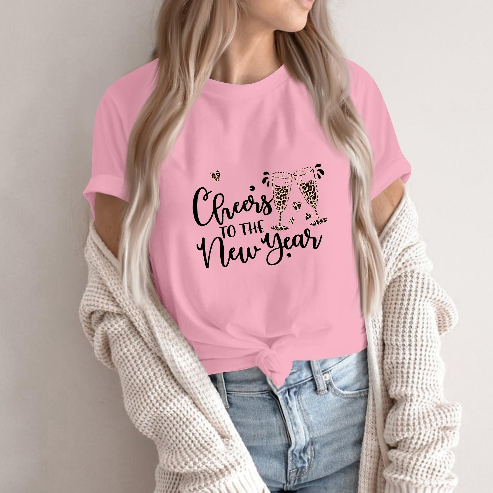 

Women s Fashion 2026 New Year Printed Round Neck Short Sleeve Top XXL рожевий