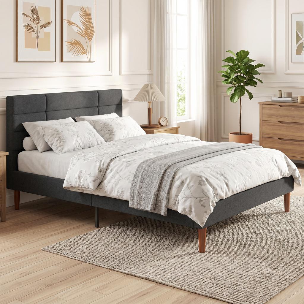 Upholstered Bed, 140 x 200 cm, Padded Mesh Headboard, Under-Storage, Grey Slats