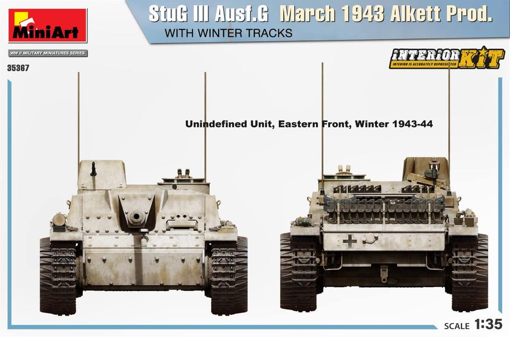 MiniArt Scale German III March with Alkett Winter Full Plastic Model MA35367 1/35 Sturmgeschütz Ausf. G, 1943, Tracks, Interior, Kit,