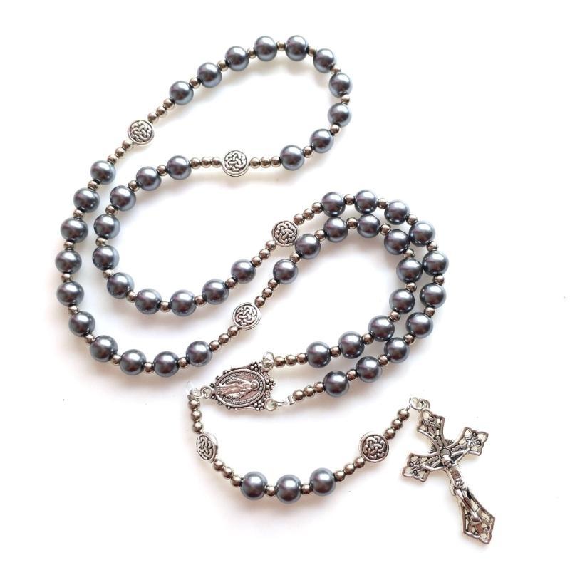Round Glass Beads Rosary Necklace Mary Jesus Crucifix Pendant Religious Necklaces for Men Women Jewelry Charm Gift
