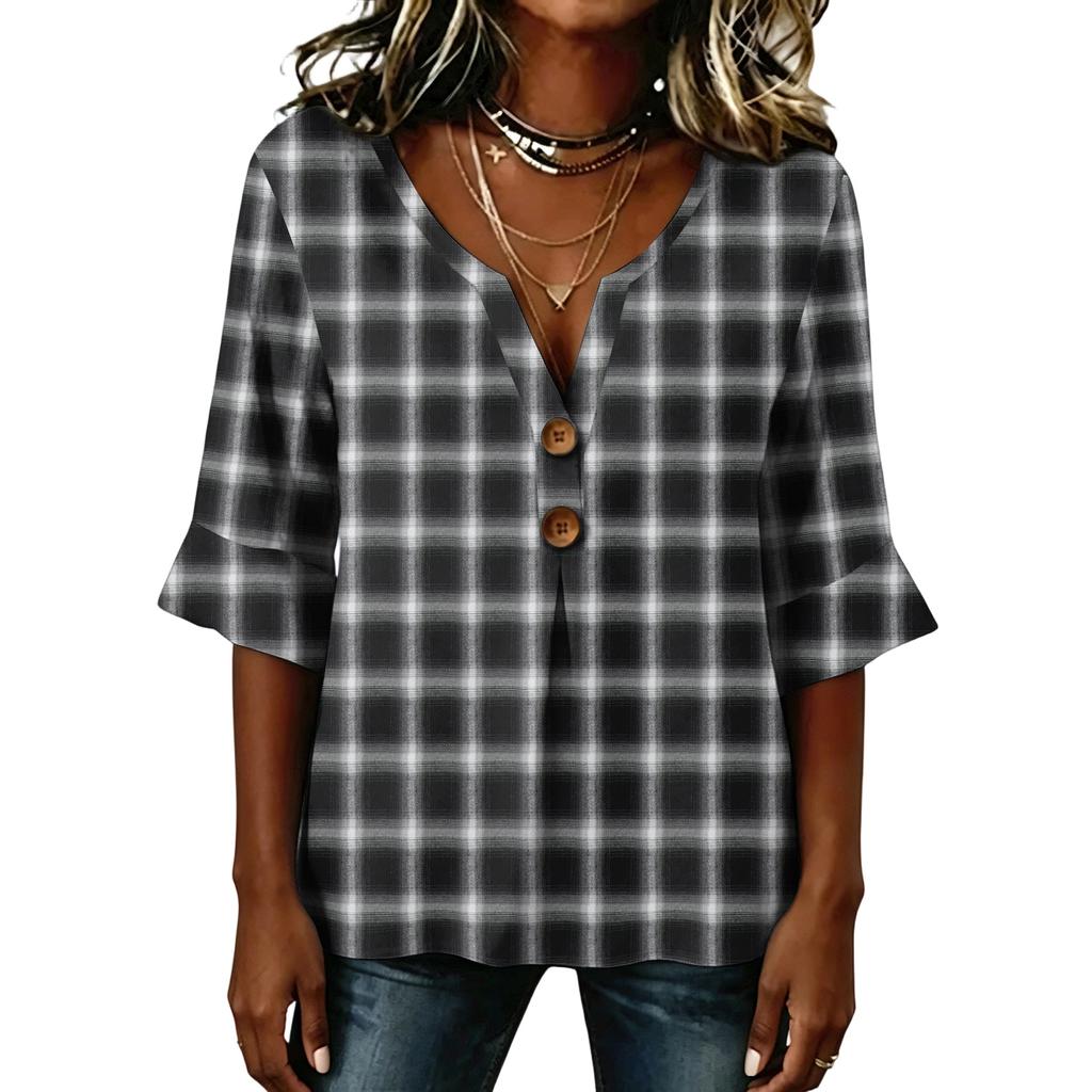 Camisas de Manga Larga para Mujer Casual a Cuadros Cuello en V Tops de Manga Larga para Mujer con Botón Tops de Manga Larga para Mujer