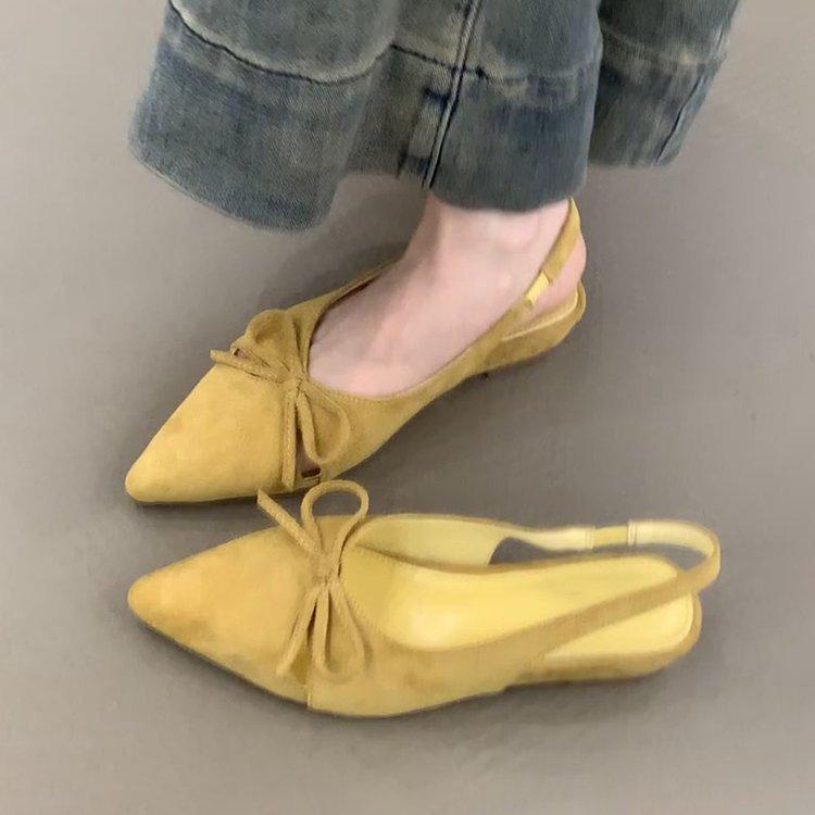 

Soft leather version~ French retro bow hollow sandals, one-pedal pointed temperament with skirt wedge heel bag head shoes 35 жовтий