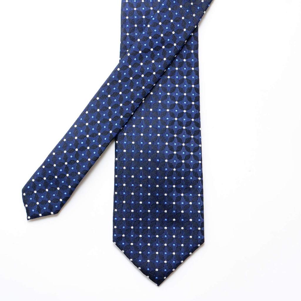 [Michiko London] Brand Necktie, 100% Silk, Jacquard Weave, Dot and Small Floral Pattern (Pattern C: Navy)