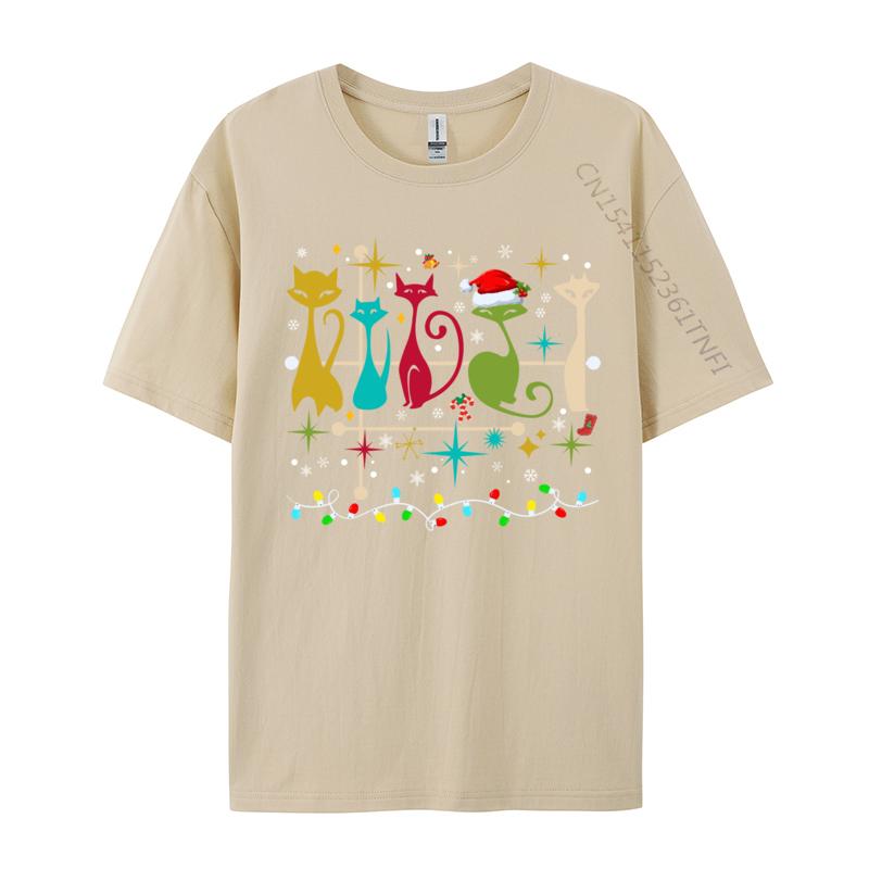 Mid Century Modern Look Cats Christmas Retro 50s 60s Xmas TShirt Casual Short Sleeve All Cotton Round Collar Unisex TShirt