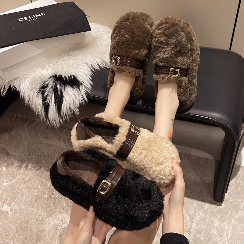 Warm fluffy shoes for women with thick soles and two pedals to wear 2025 winter new velvet cotton shoes casual lazy Doudou shoes