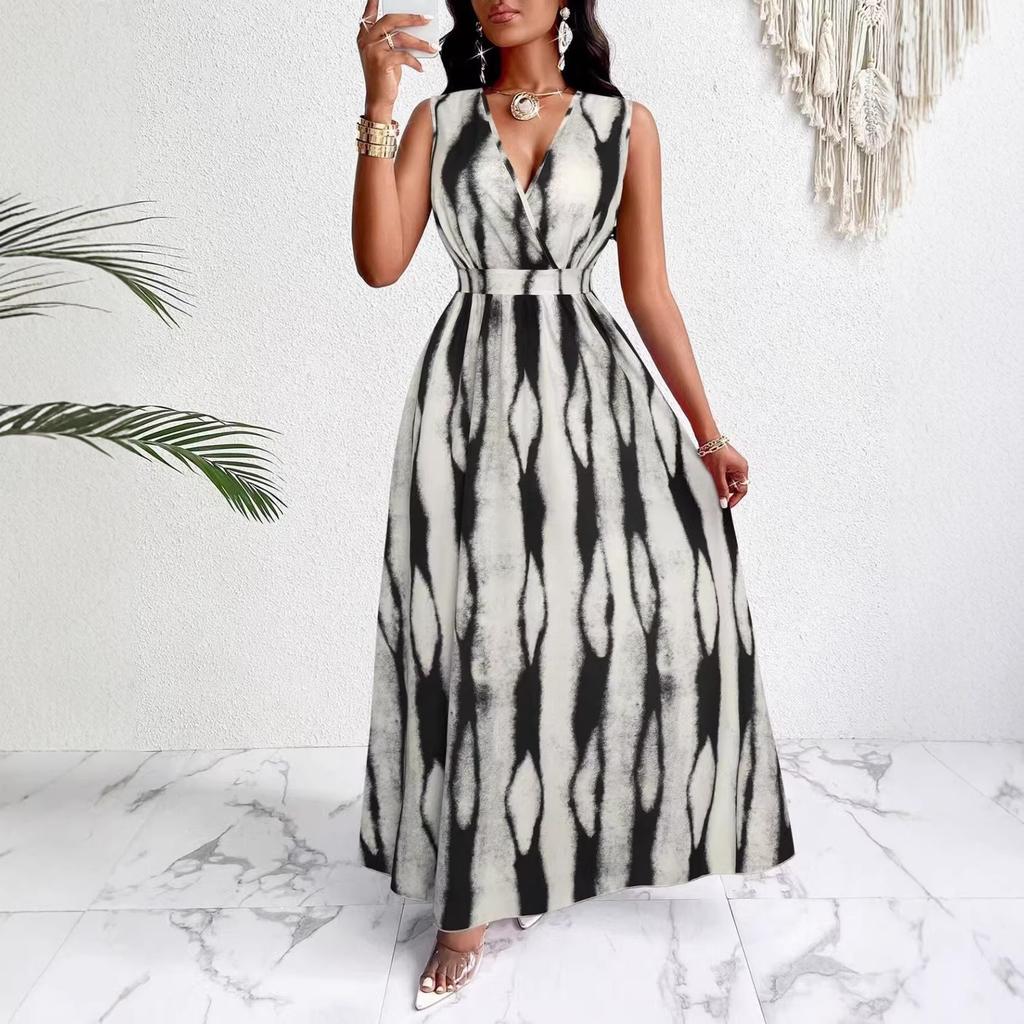 2026 new European and American women's clothing temperament elegant, fashionable and sexy 3D digital printing sleeveless V-neck dress