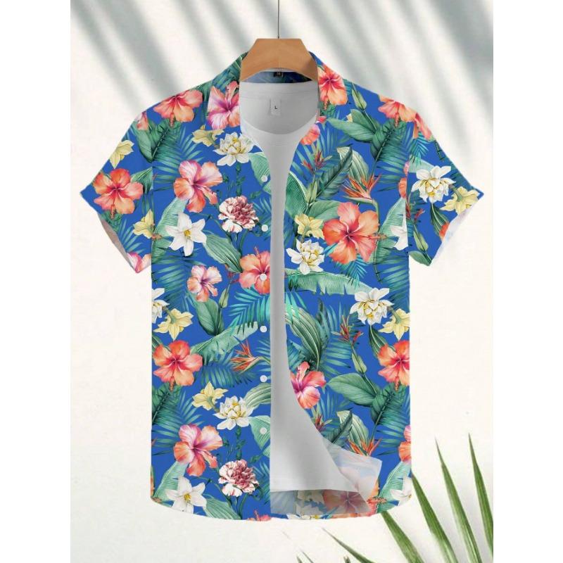 Hawaiian Botanical Flower Men's and Women's Short Sleeve Lapel Seaside Button-Down Shirt Top Casual Fashionable Shirts