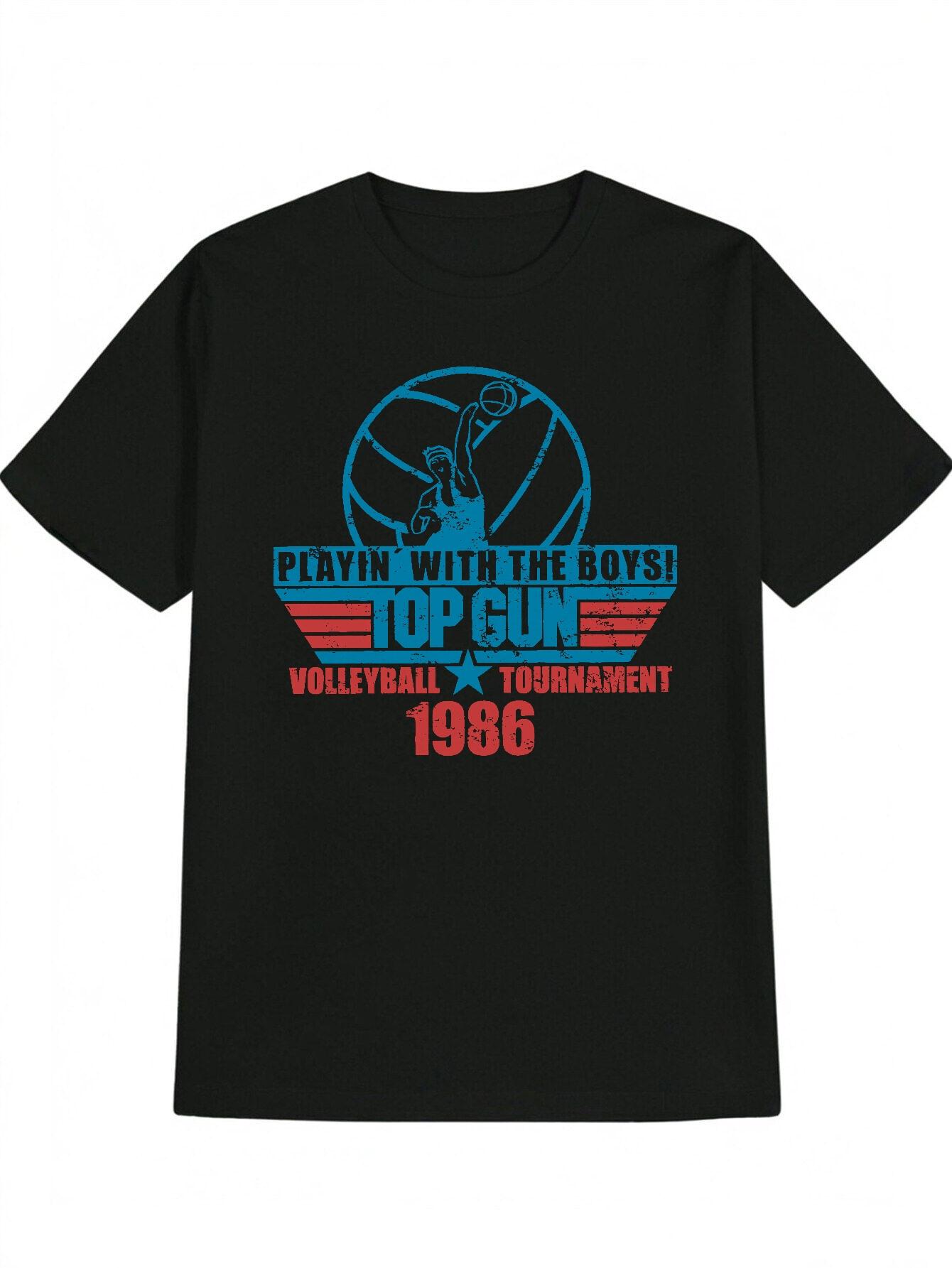 

Vintage 1986 Top Gun Volleyball Tournament Graphic T-shirt - Black Casual Short Sleeve Round Neck Tee with Red & Blue Retro Print XXXXL