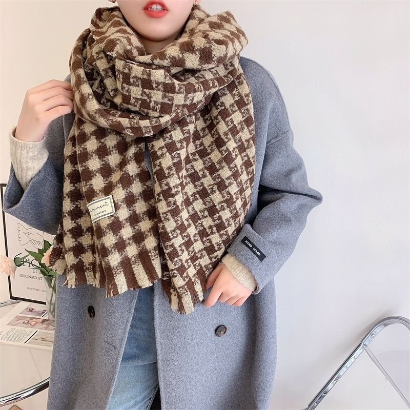 Houndstooth Scarf Women's Long Autumn and Winter Student Korean Style Women's Outer Shawl Dual Use Imitation Cashmere Warm Scarf