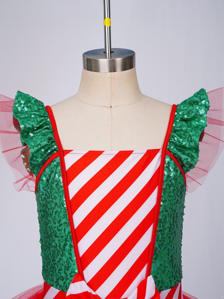 Sequins Candy Cane Stripe Tulle Dress for Girls Ruffle Sleeves Bowknot Built-in Shorts Christmas Stage Theme Party Costume
