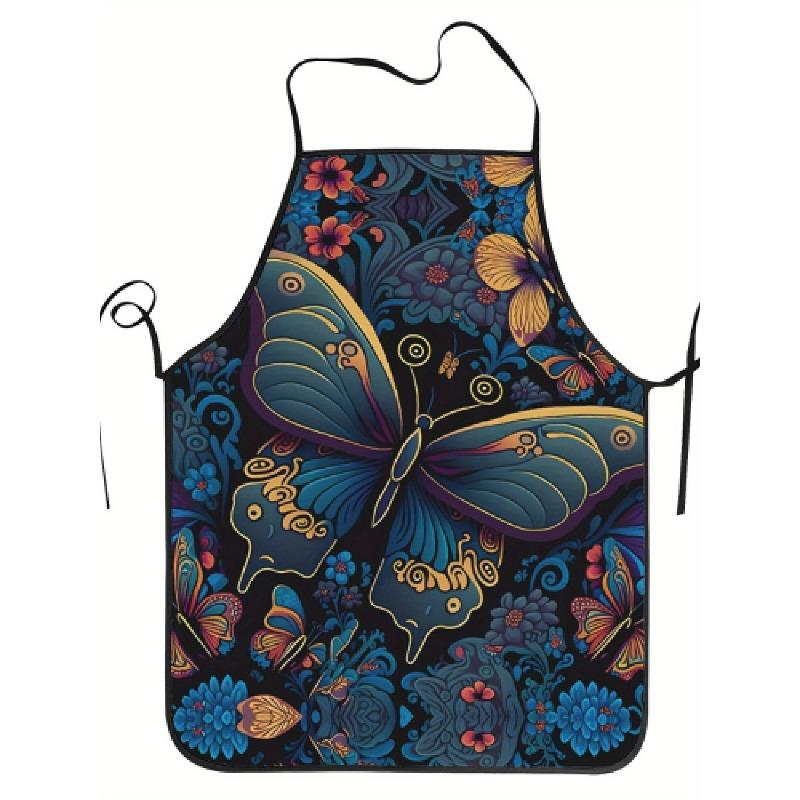1pc Adult Apron with Blue Butterfly Floral Design & Tool - Suitable for Chefs, Waiters, Kitchen Staff - Apron with Pockets For,