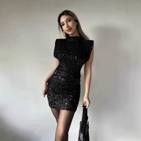 Spot - Sleeveless Shoulder Dress Sequins Slim Fit Hip Wrap Short Skirt Celebrity Style