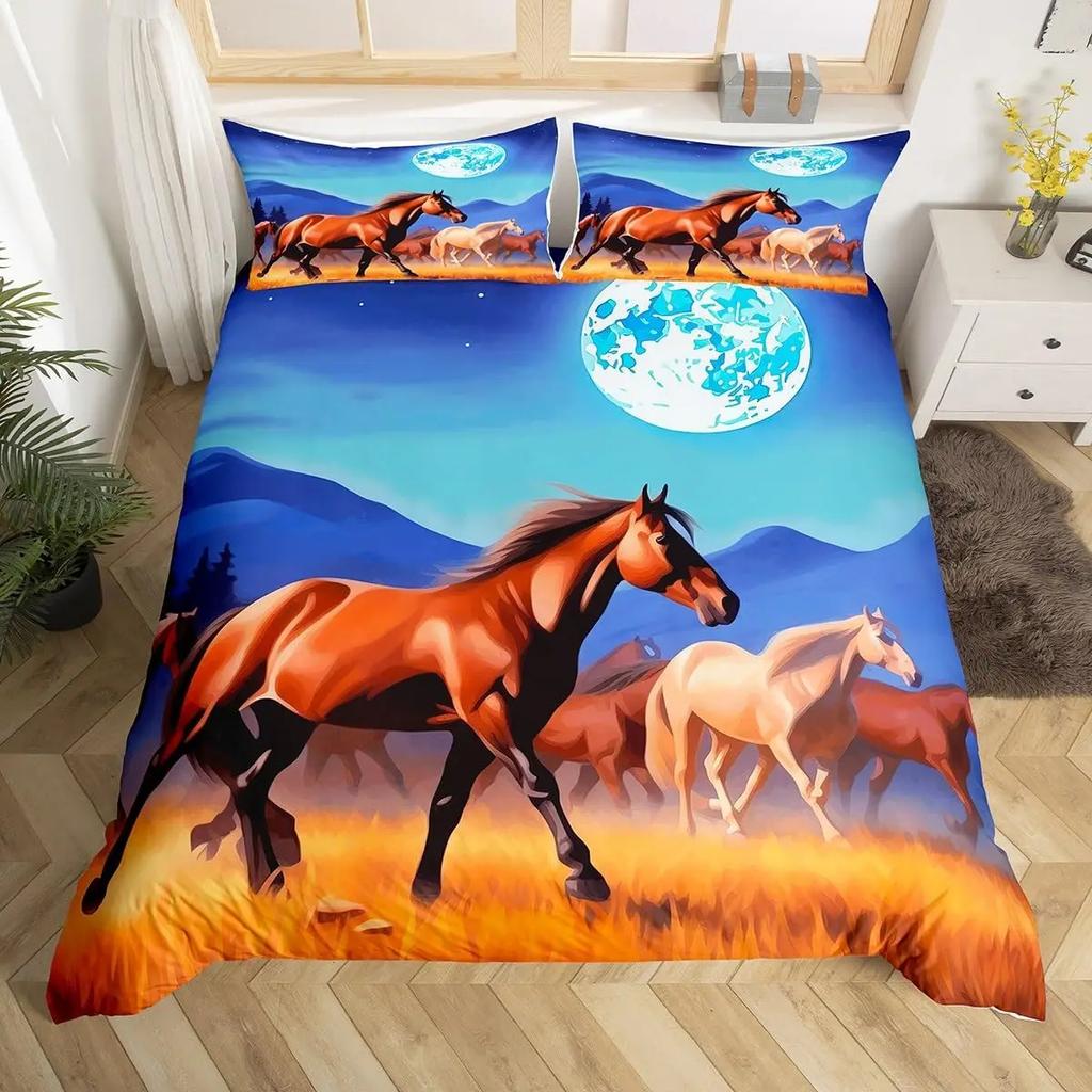 Galloping Horse Bedding Set Horse Duvet Cover Twin Full Queen King Farmhouse Animals Comforter Cover for Kids Girls Teens Room