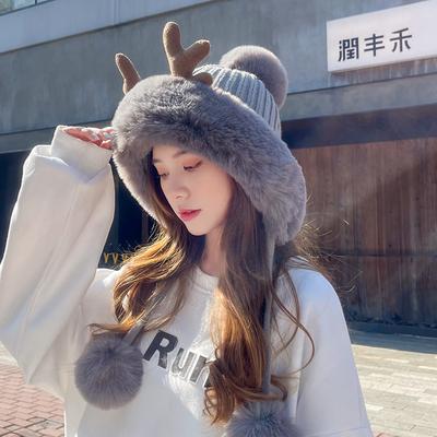 Damen Niedliche Gestrickte Plüsch Geweih Mütze Damen Schlichte Mode Koreanischer Stil Herbst Winter Warme Mütze mit 3 Pompons