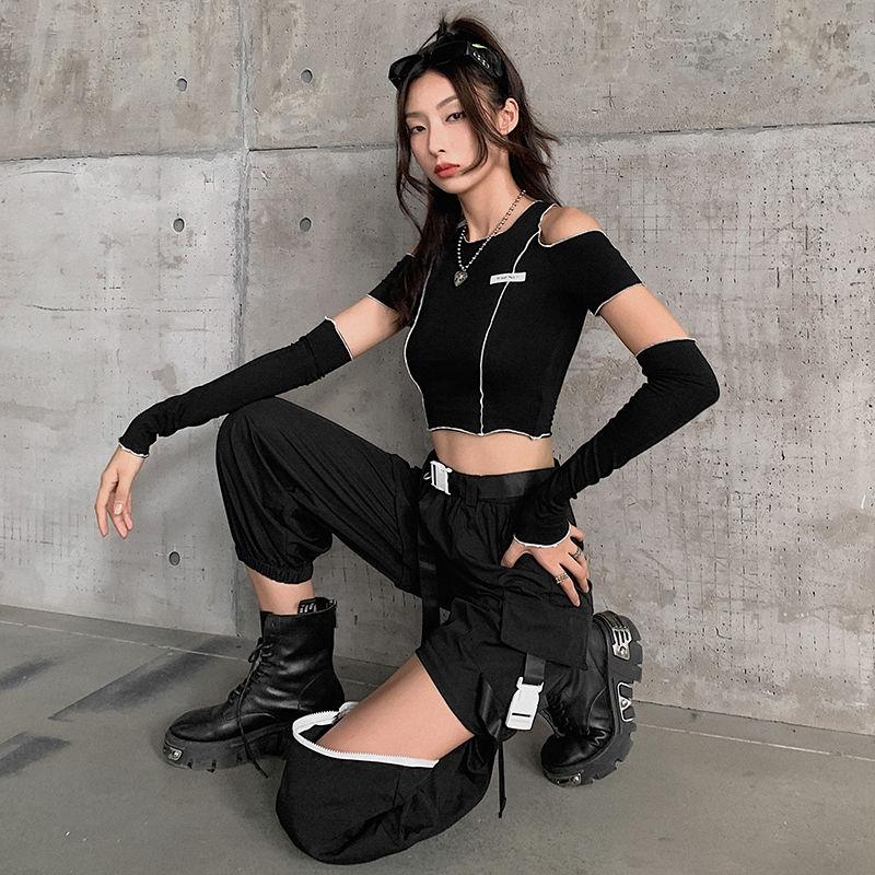 Patchwork Black T-shirts Gothic One Shoulder Sleeve Y2k Crop Tops Ruffles Hem Hip Hop Techwear Women Tees