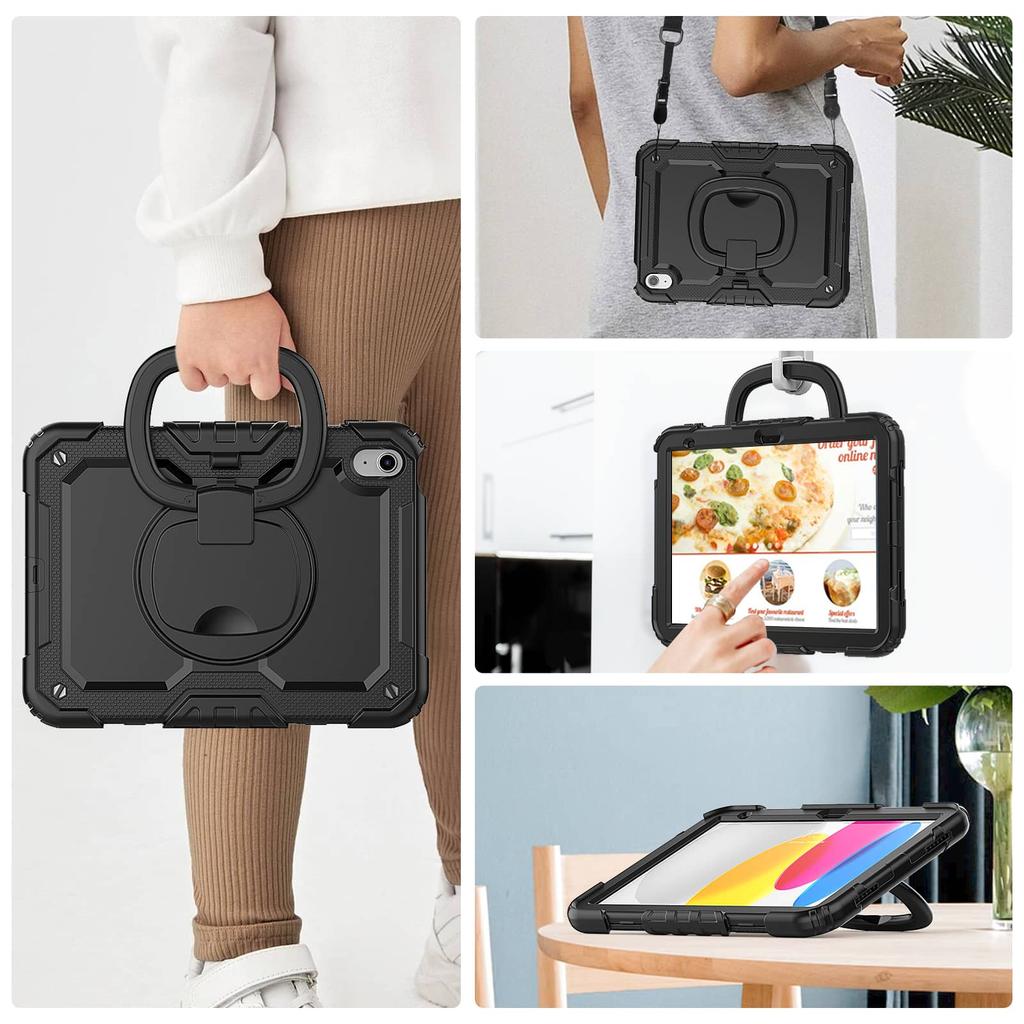 For iPad 10th 10.9 2026, Military Grade Shockproof Protective Silicone Cover 360 Folding Handle Grip + Handle Shoulder Strap