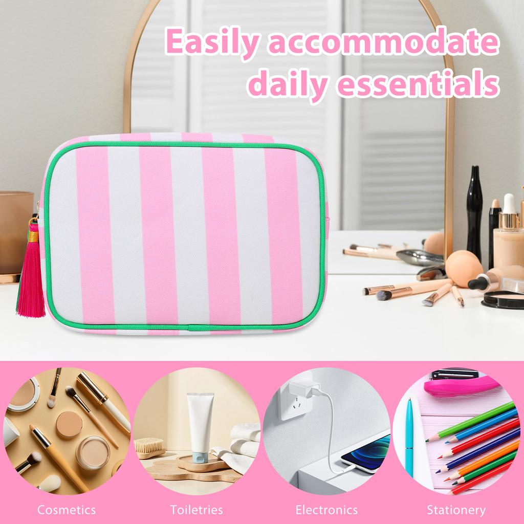 Travel Makeup Bag Portable Tassel Toiletry Bag with Zipper Fashionable Stripe Multi-purpose Storage Bag for Skincare Haircare
