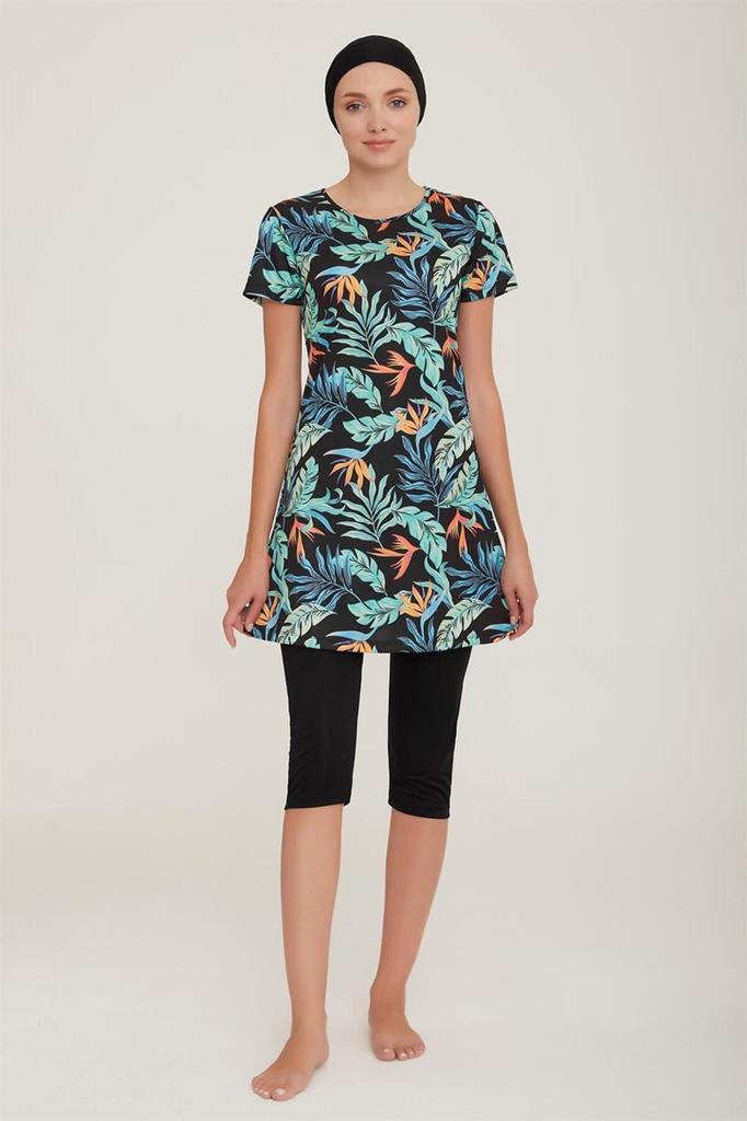 Damski strój kąpielowy plus size z krótkim rękawem, czarne legginsy, strój kąpielowy hidżab